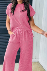 Corded Knit Short Sleeve T-Shirt and Wide Leg Pants Set OutfitFlow